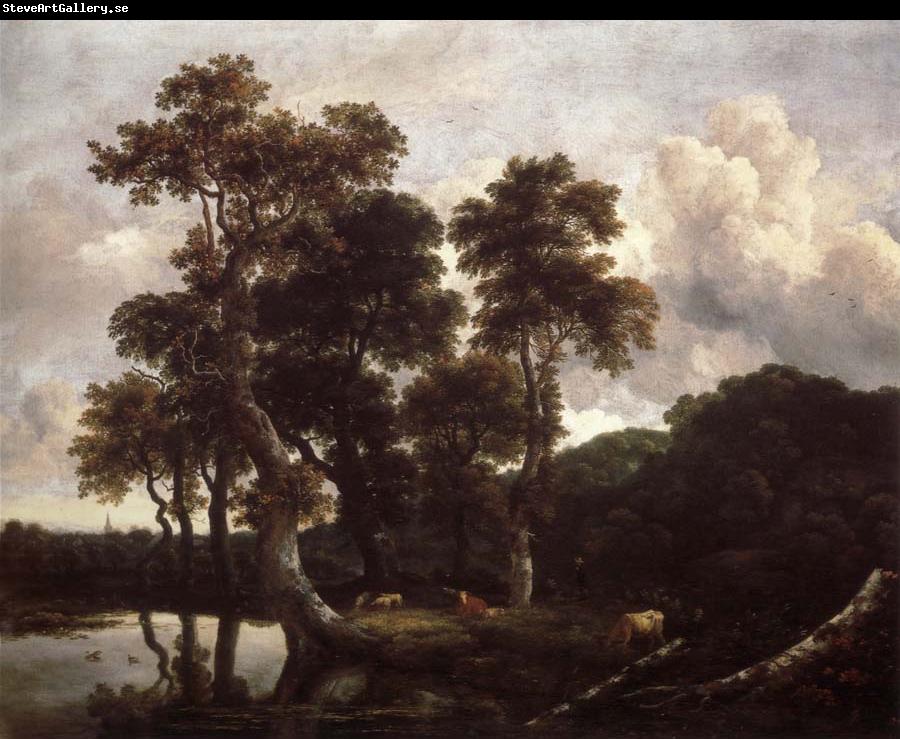 Jacob van Ruisdael Grove of Large Oak trees at the Edge of a pond
